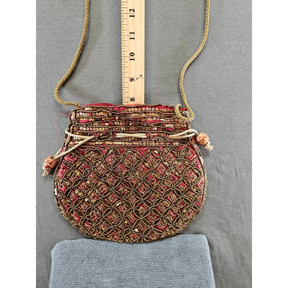 Vintage Red Beaded Sequin Potli Bag Gold Drawstring Crossbody Evening Pouch